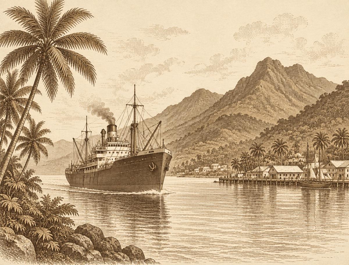 Ilustración de un barco llegando a un puerto tropical